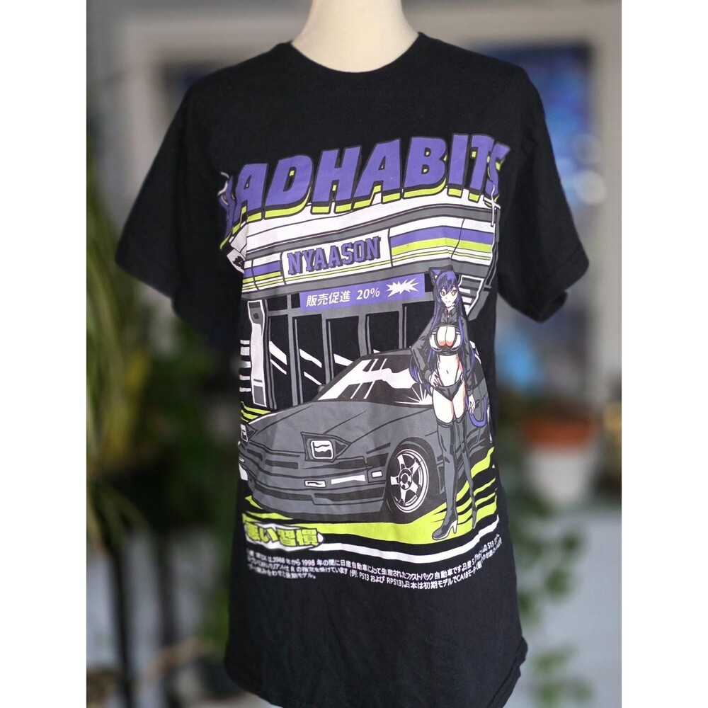 🖤 Nyaason Bad Habits Graphic T‑Shirt Spencer’s Mens Black Cotton Streetwear Tee - Picture 5 of 10